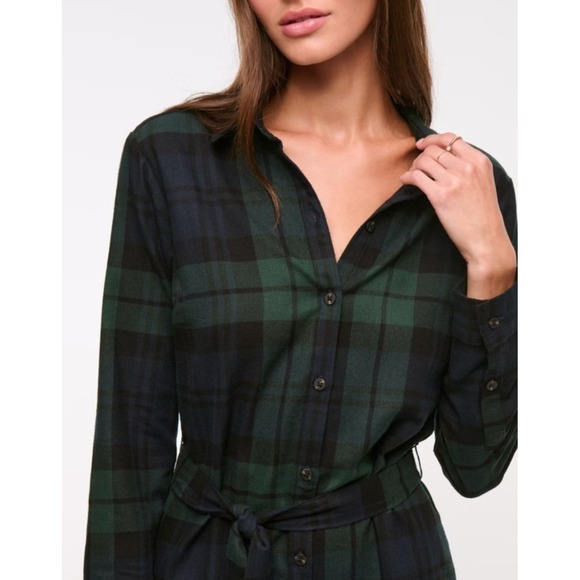 Abercrombie &Fitch Flannel Plaid Shirt Dress GreenBlue Belted Long Sleeve Medium - Picture 2 of 11